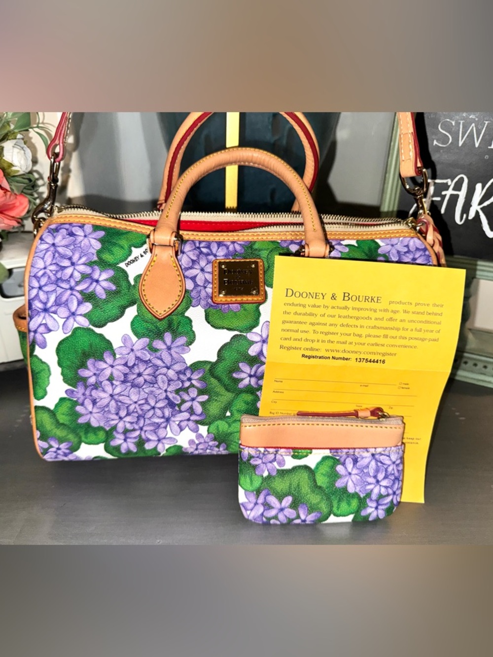 Dooney & Bourke Purple Hydrangea Floral Satchel & coin-pouch - EUC - Picture 6 of 16